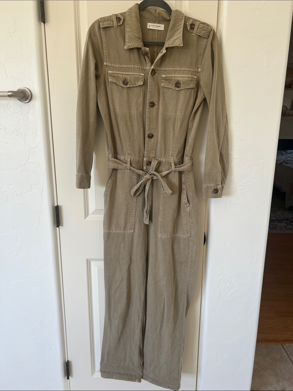 Lucky Brand Olive-Taupe Utility Jumpsuit with Waist Tie